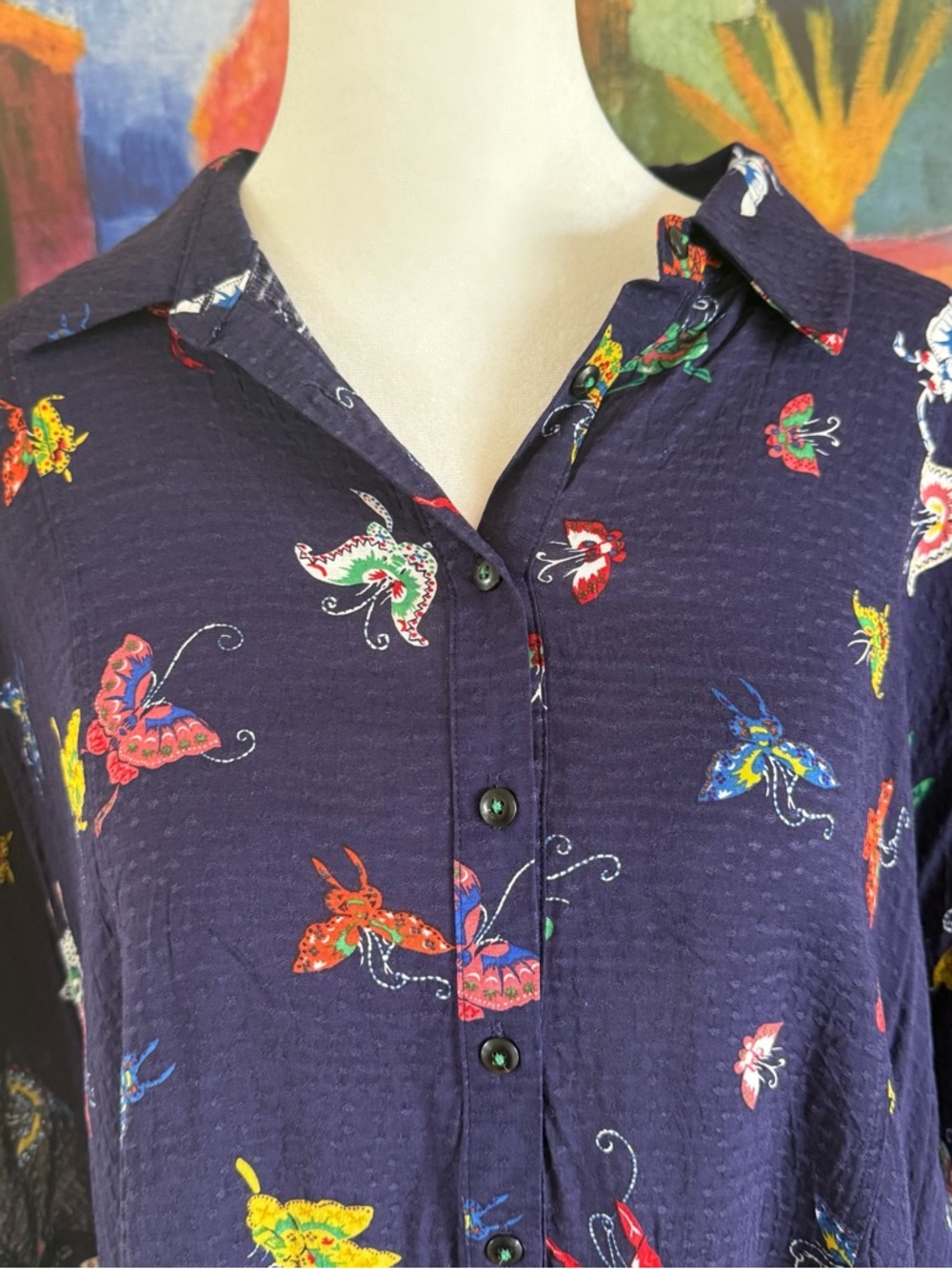 Anthropologie Maeve Navy Butterfly Print Button-down Peplum Blouse - Picture 3 of 9